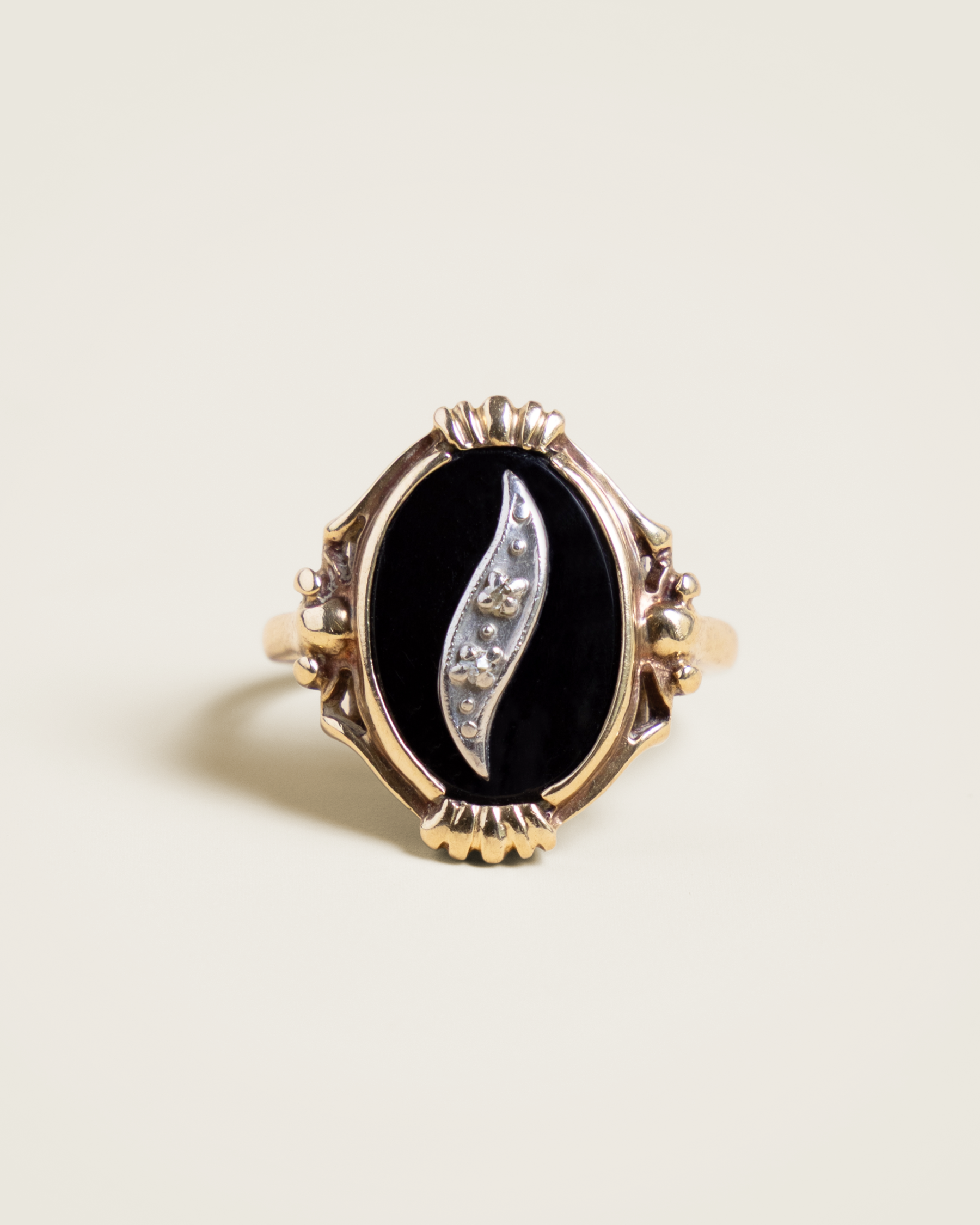 Art Deco Revival 10K Black Onyx and Old Mine Cut Diamond Mourning Ring