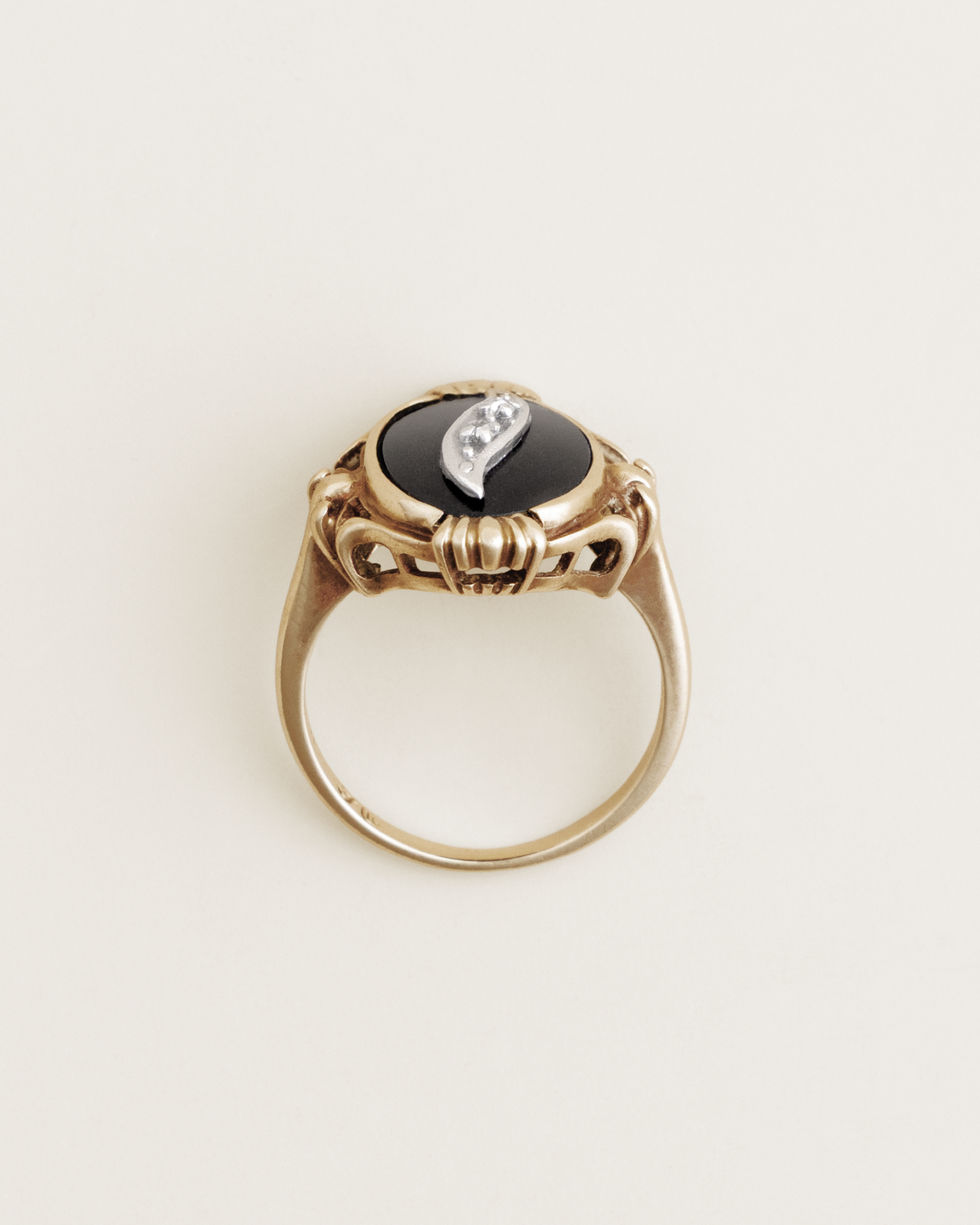 Art Deco Revival 10K Black Onyx and Old Mine Cut Diamond Mourning Ring