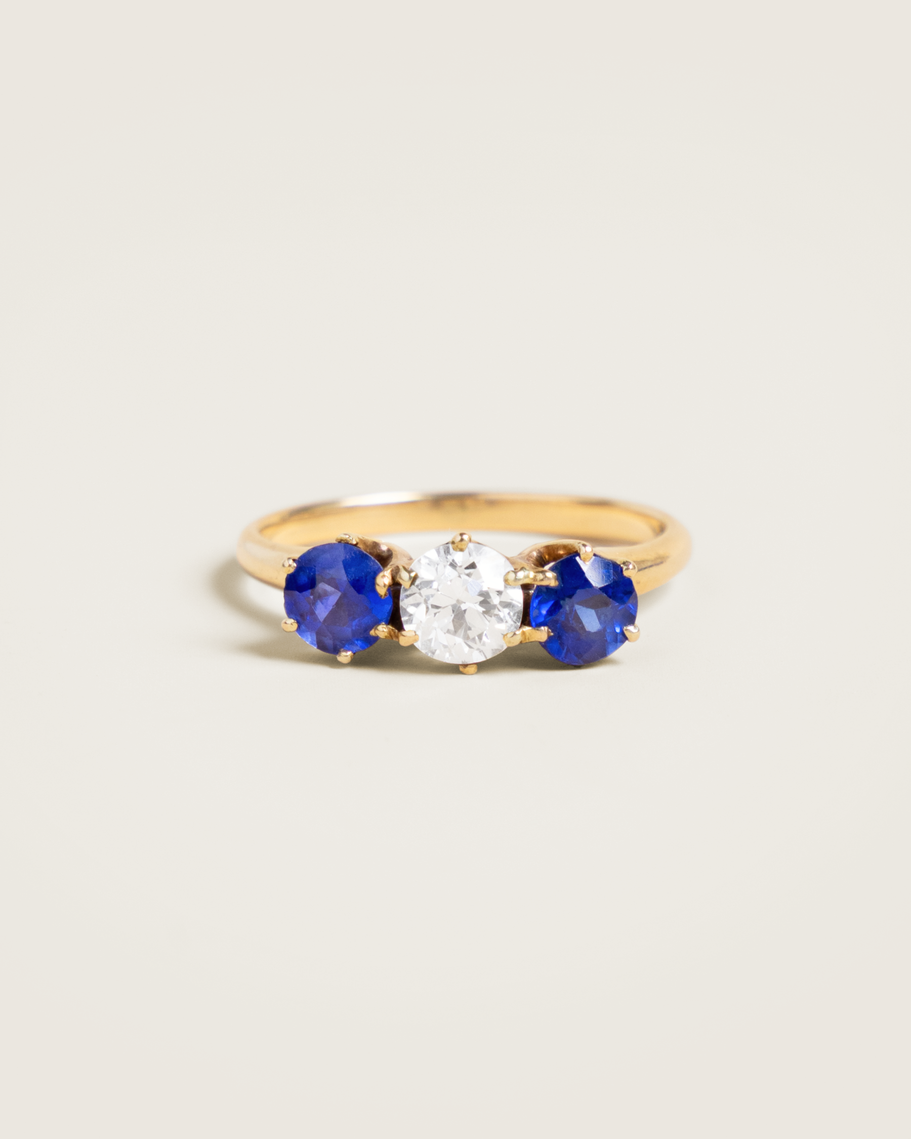 14K 0.54ct Old European Cut Diamond & Lab Sapphire Three-Stone Ring