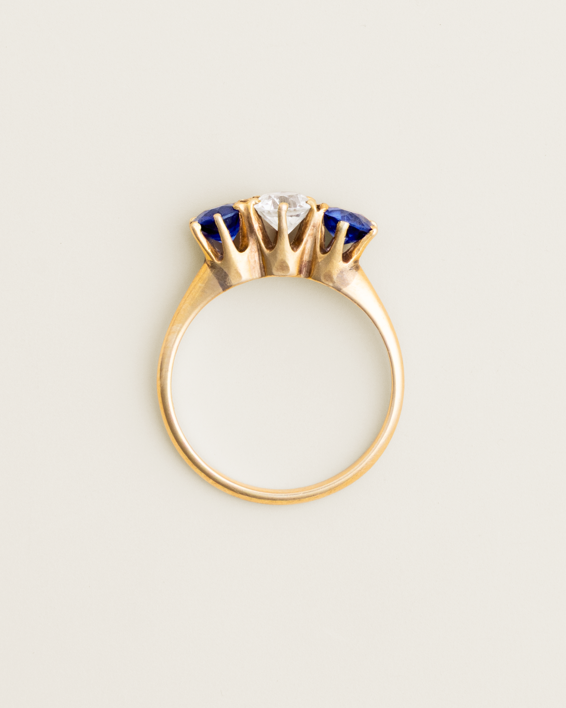 14K 0.54ct Old European Cut Diamond & Lab Sapphire Three-Stone Ring
