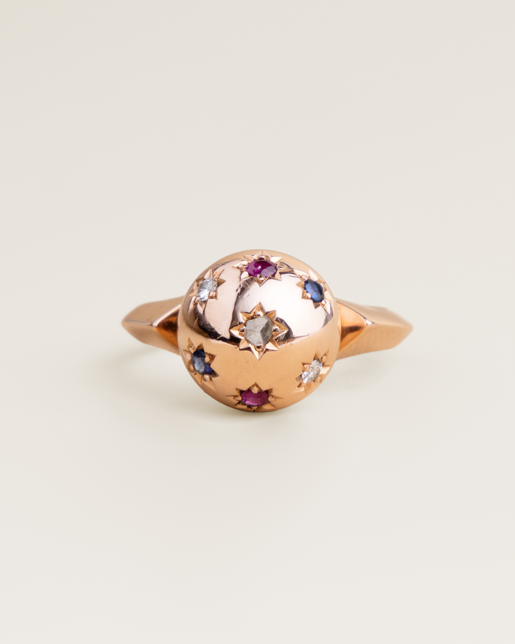 14K Star-Set Diamond, Sapphire and Ruby Sphere Ring