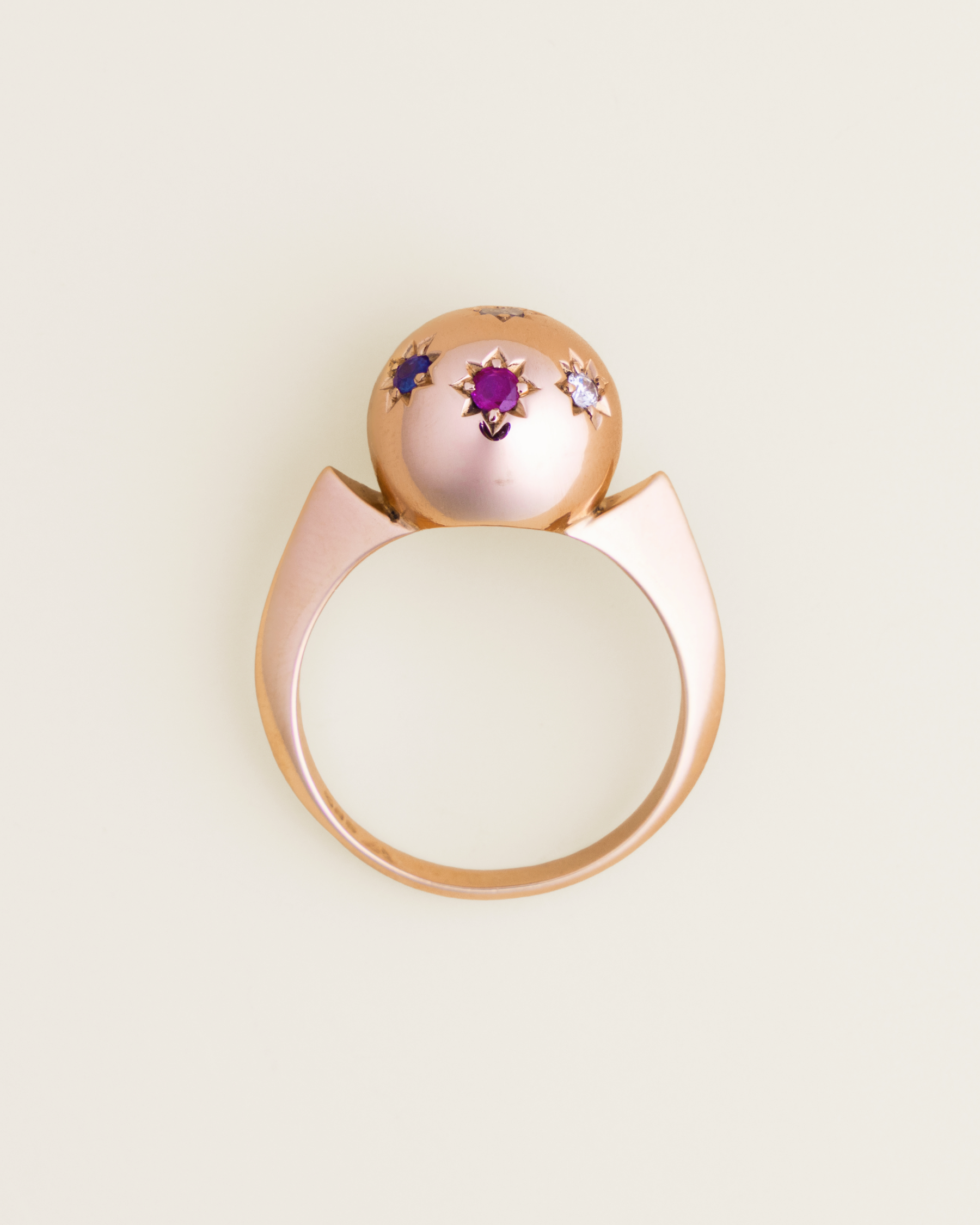 14K Star-Set Diamond, Sapphire and Ruby Sphere Ring