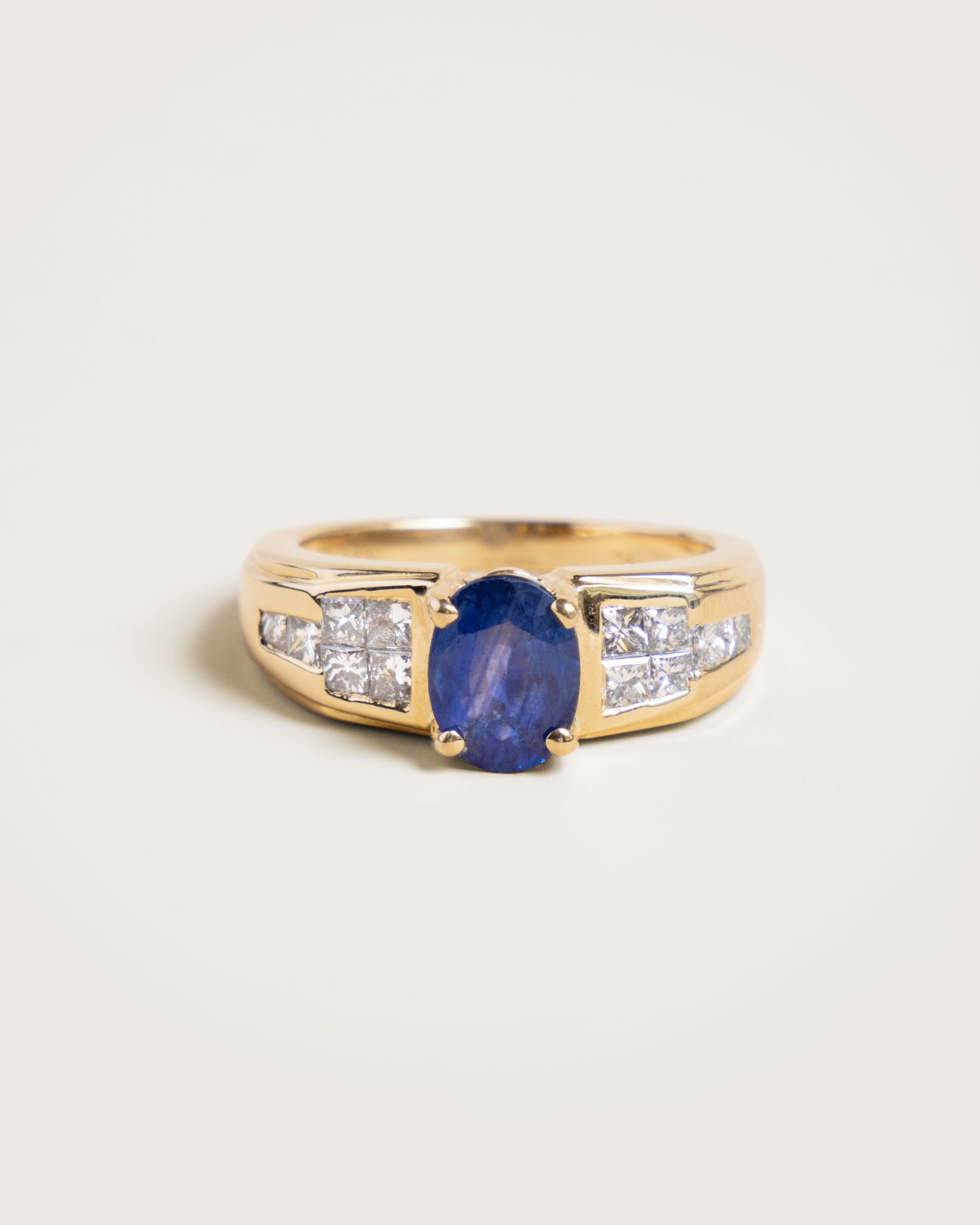 Estate 18K 1.43ct Sapphire Cathedral Ring with Princess Diamond Shoulders