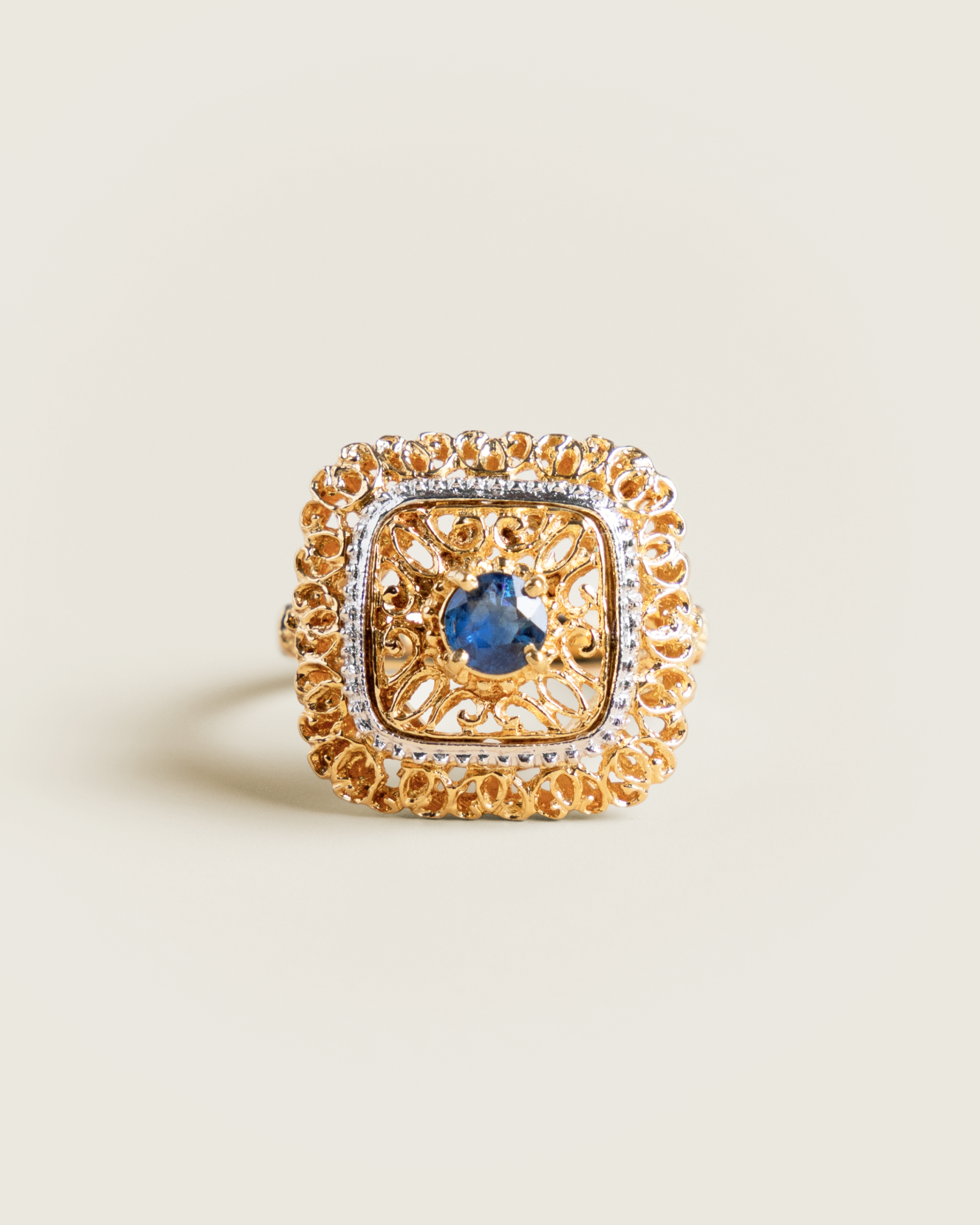 Mid-Century 18K Two-Tone Filigree Sapphire Ring
