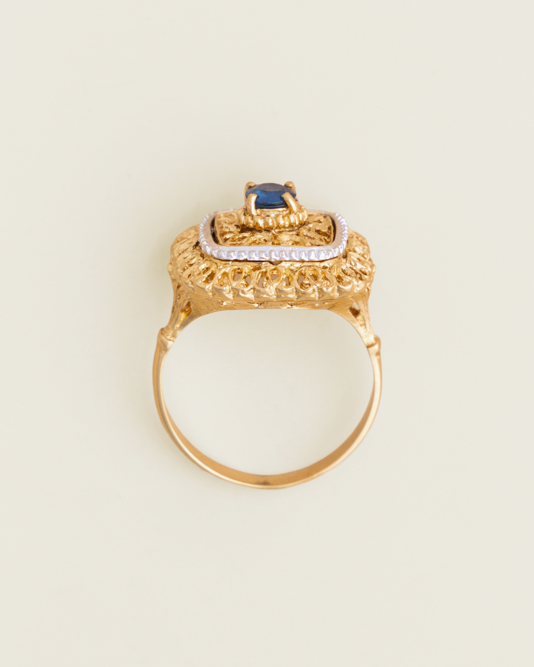 Mid-Century 18K Two-Tone Filigree Sapphire Ring