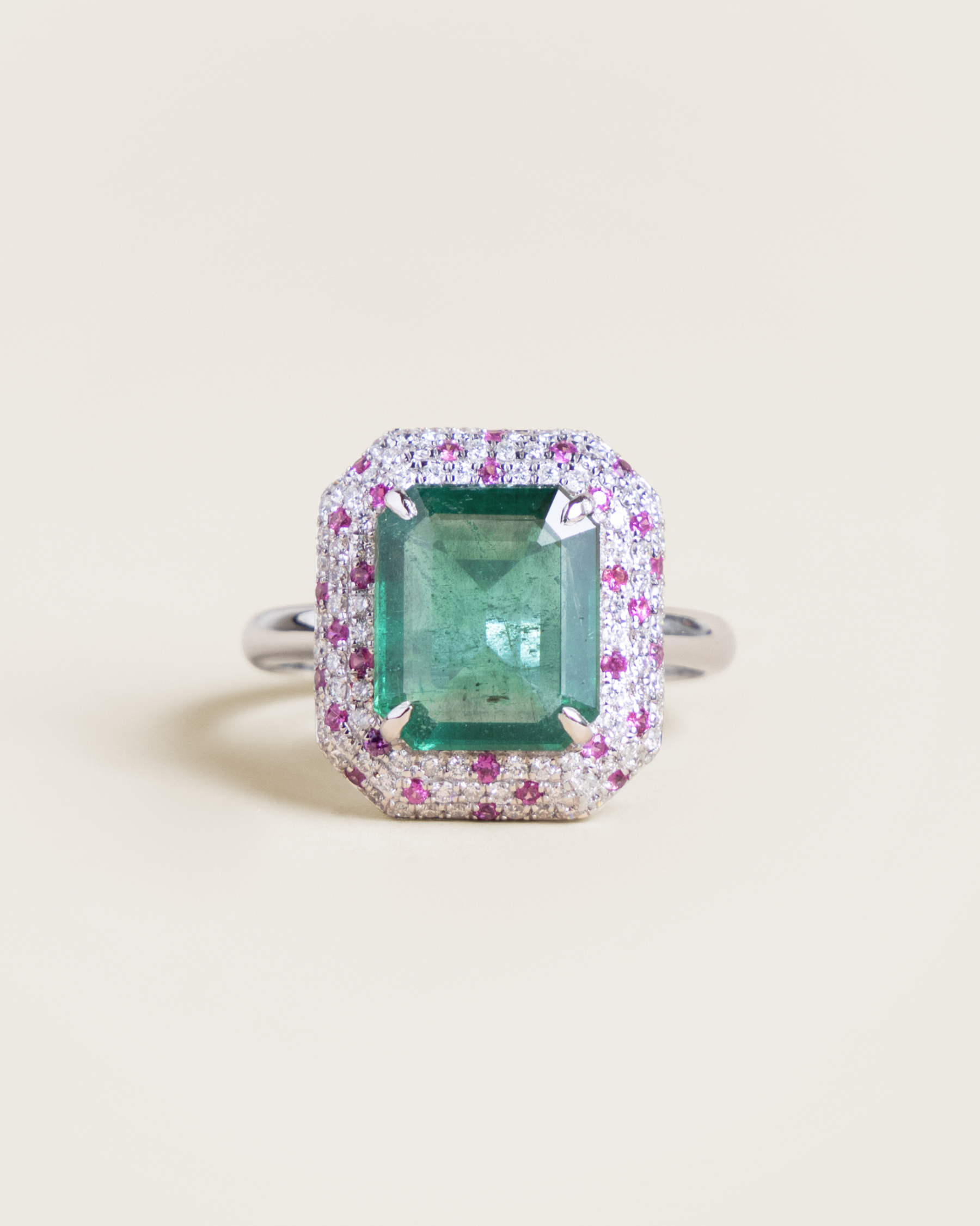 14K 2.68ct Certified Zambian Emerald with Diamond & Pink Sapphire Halo
